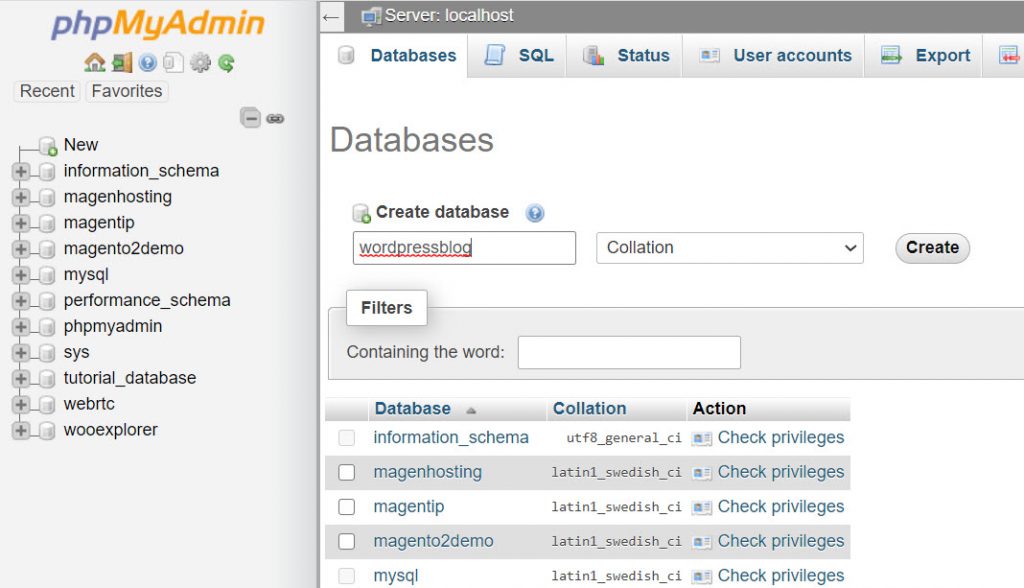 create wordpress blog database phpmyadmin