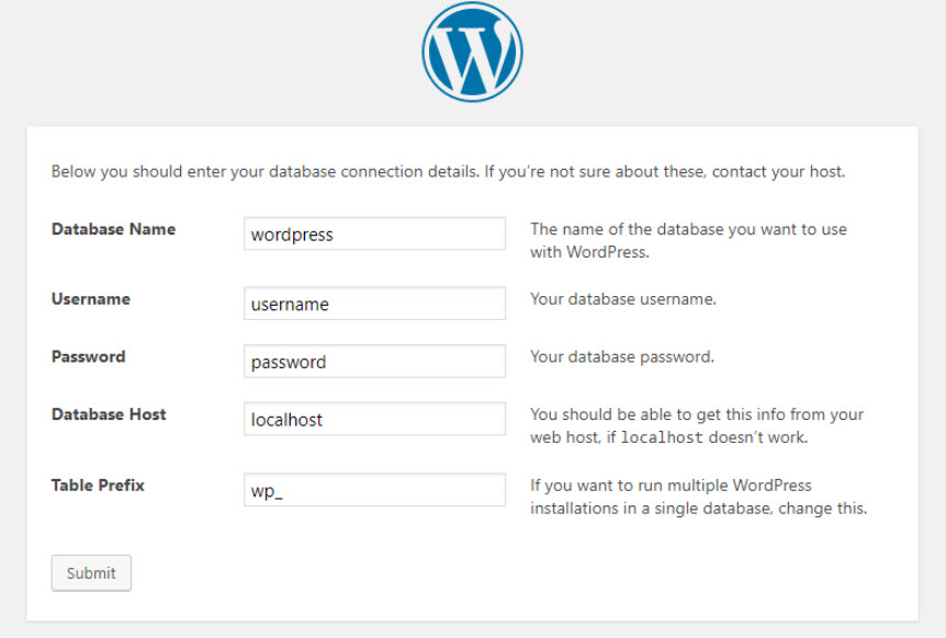 wordpress instalaltion page