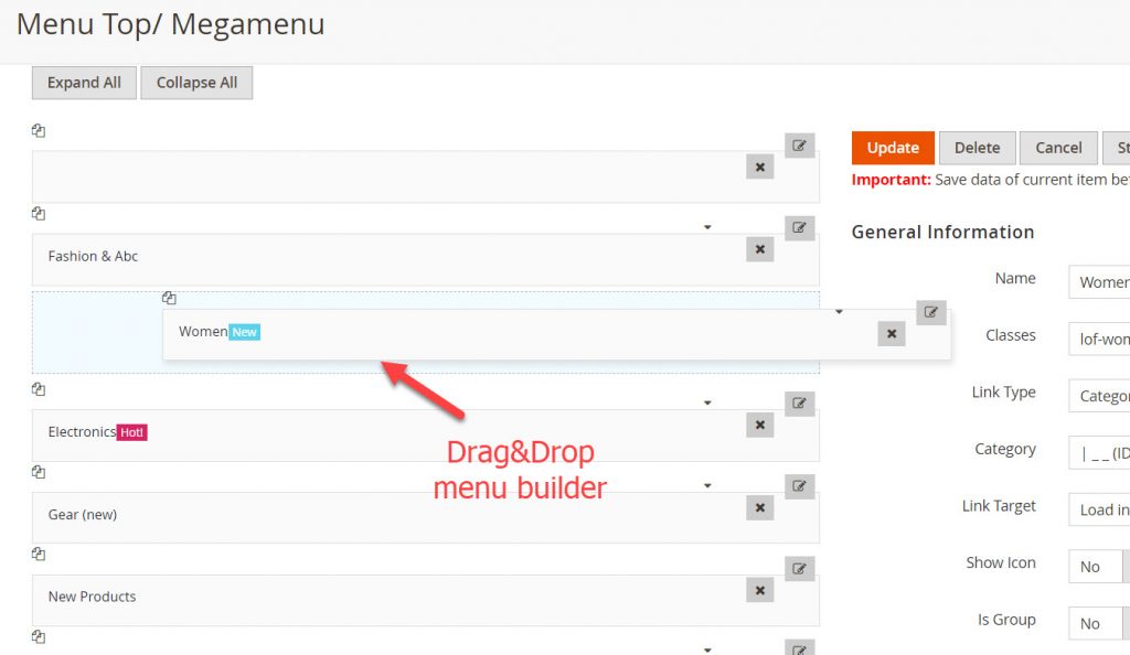 drag and drop menu builder