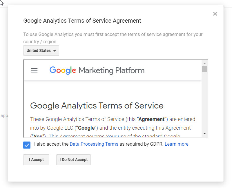 accept Google Analytics Terms of Service Agreement