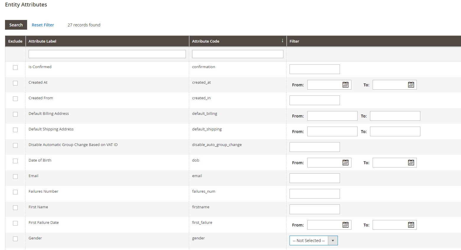 export customers entity attribute